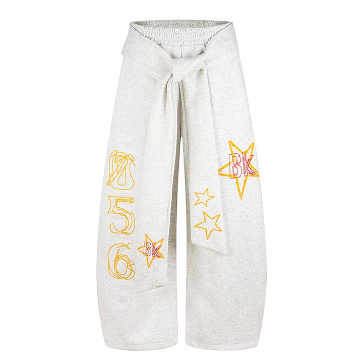Ladies Wide Palazzo Culotte Pants with Integrated Tie Belt and Star Graphic Amarae