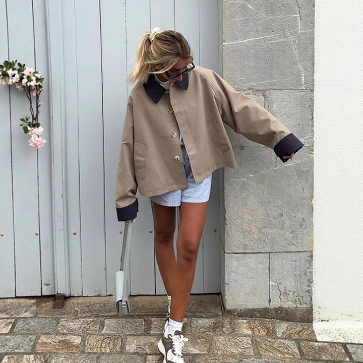 Women's Boxy Transitional Jacket with Contrast Collar, Concealed Button Placket, and Extended Sleeves Amarae