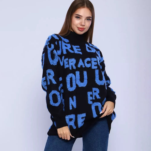 Oversized sweater for women with graphic inscription and high collar Amarae