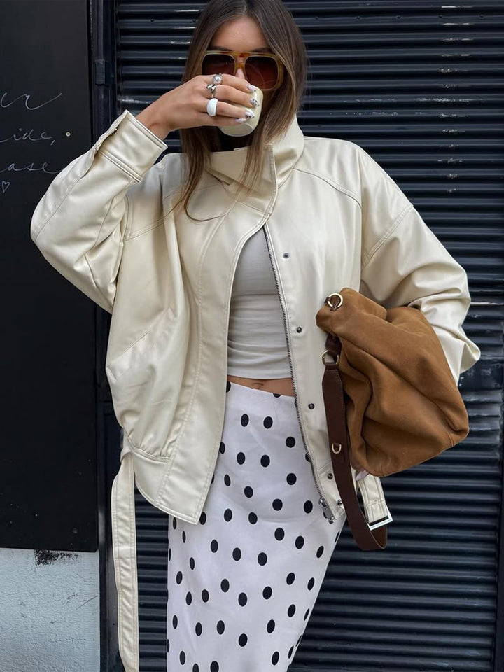 Women's Oversized Faux Leather Jacket with Stand Collar and Drawstring Amarae