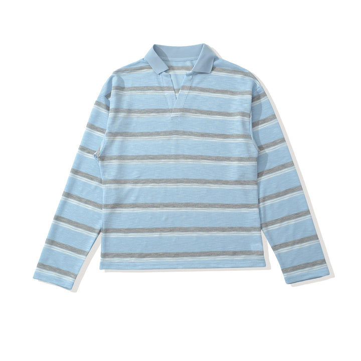 Men's knit polo shirt with open V-neck and fine stripe pattern Amarae