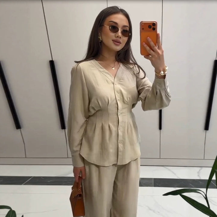 Women V-Neck Blouse and Culotte Set with Waist Pleats and Wide Legs Amarae