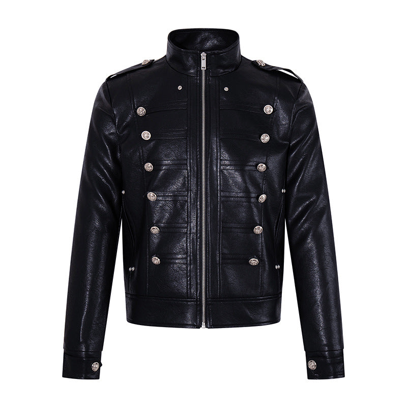 Men's military-inspired faux leather jacket with stand-up collar, decorative button row and shoulder pads Amarae