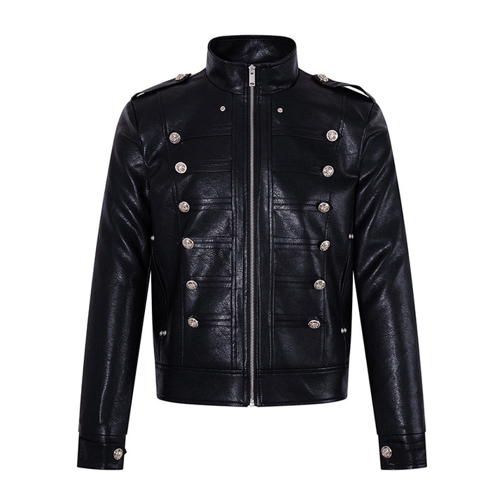 Men's military-inspired faux leather jacket with stand-up collar, decorative button row and shoulder pads Amarae