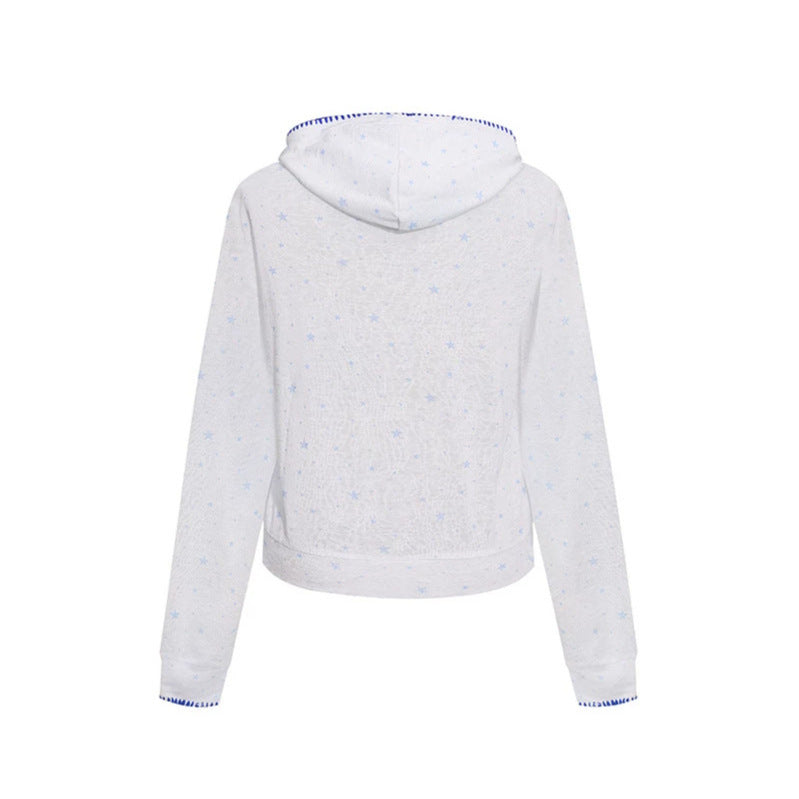 Women's Lightweight Hooded Zip Cardigan with Allover Stars and Decorative Stitching