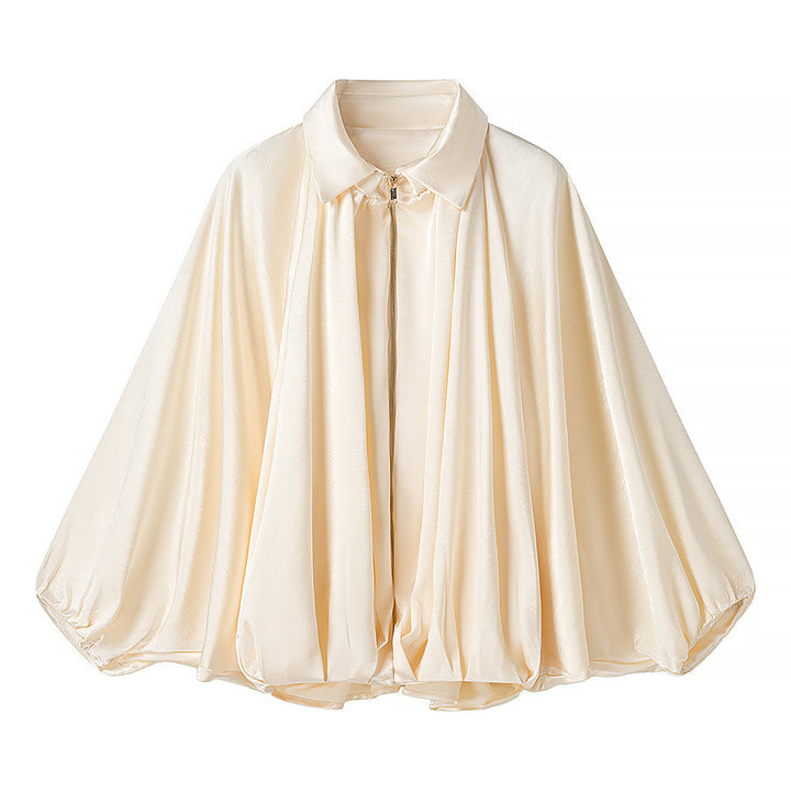 Ladies Soft Satin Cape Blouse Shirt with Lapel Collar, Balloon Sleeves and Concealed Zipper Amarae
