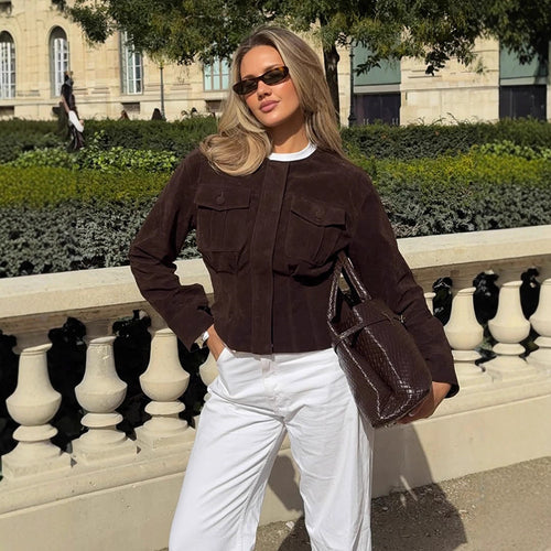 Women's short jacket made of suede in shirt jacket style with attached breast pockets Amarae