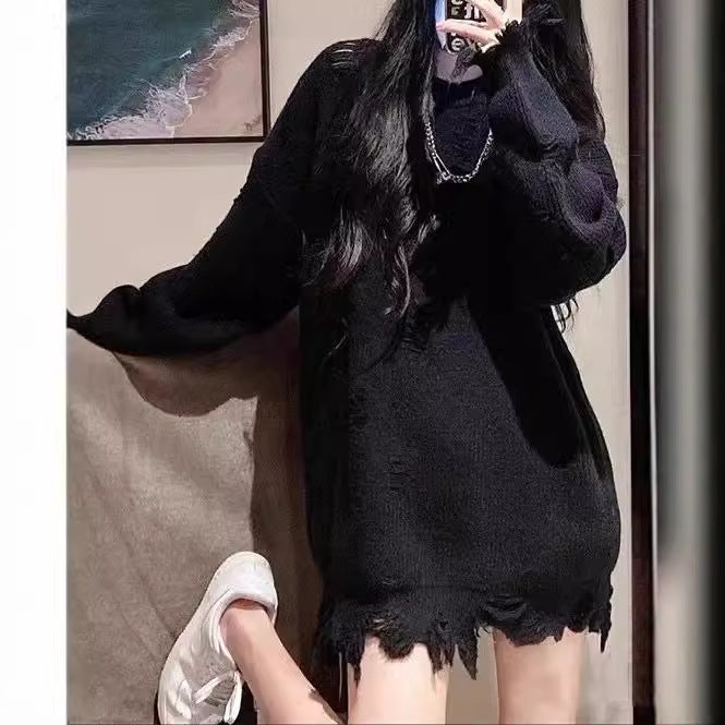 Oversized knit dress for ladies with frayed hem Lune London