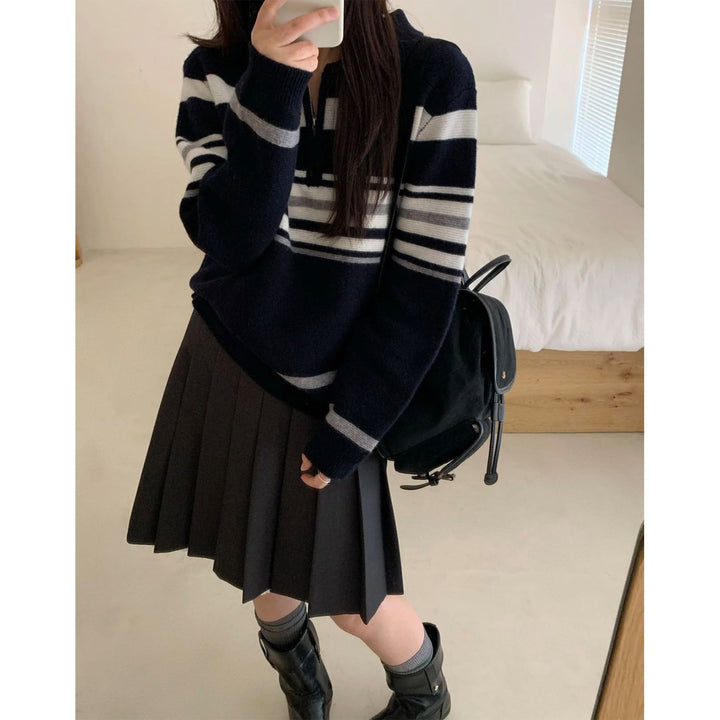Casual knit sweater for women with half-zip and trendy striped pattern Lune London