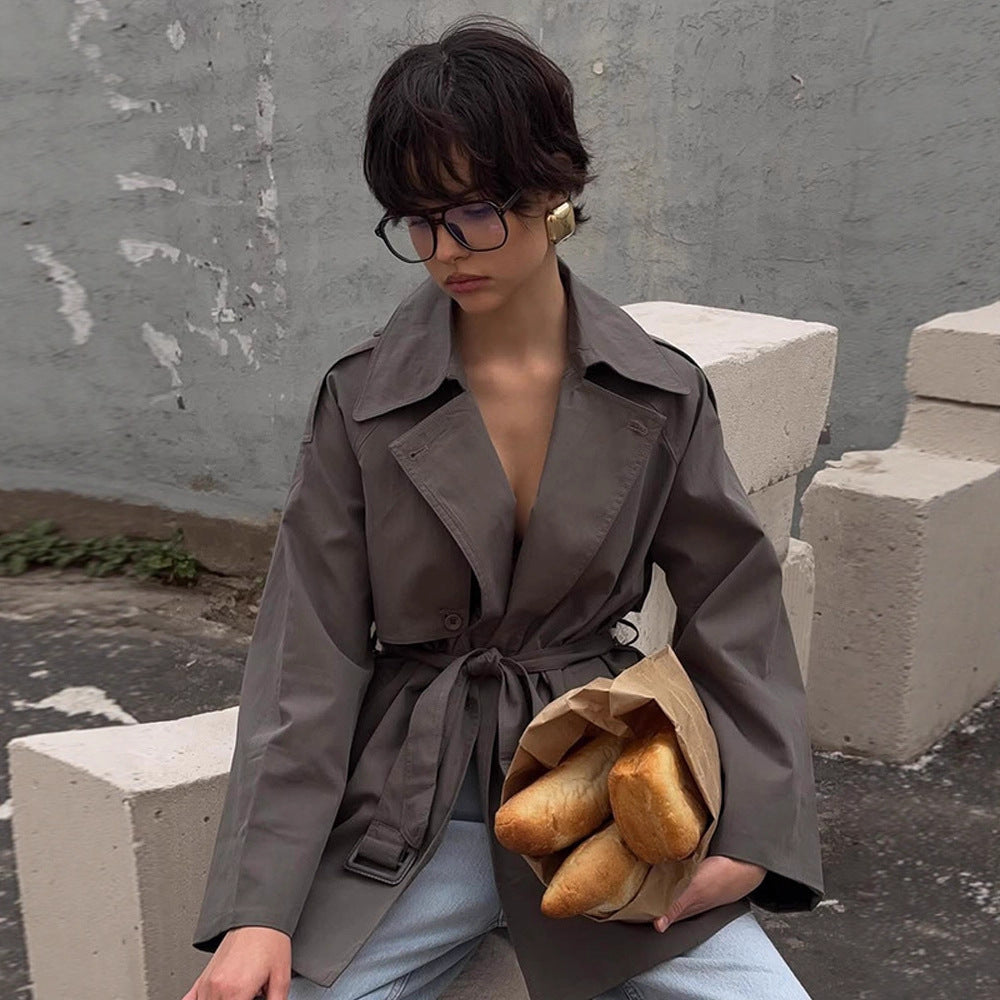 Women Short Trench Coat with Tied Belt and Oversized Sleeves Amarae