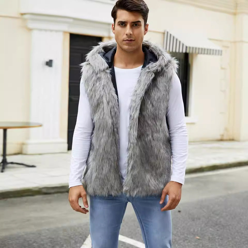 Men's vest with elegant faux fur and hood Lune London