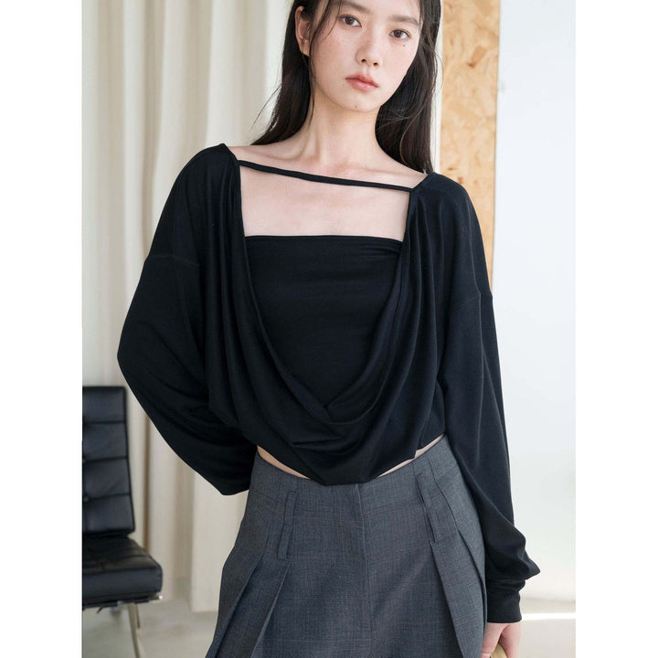 Women's Draped Layering Top with Off-the-Shoulder Cut and Decorative Straps Amarae