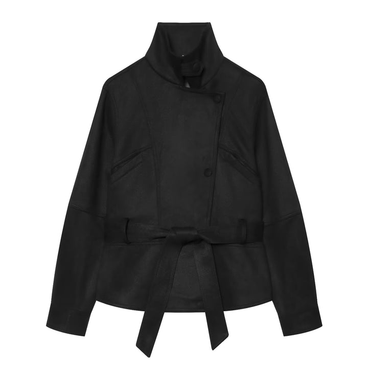 Women's tailored short jacket made of soft suede imitation with asymmetrical button placket and tie belt Amarae