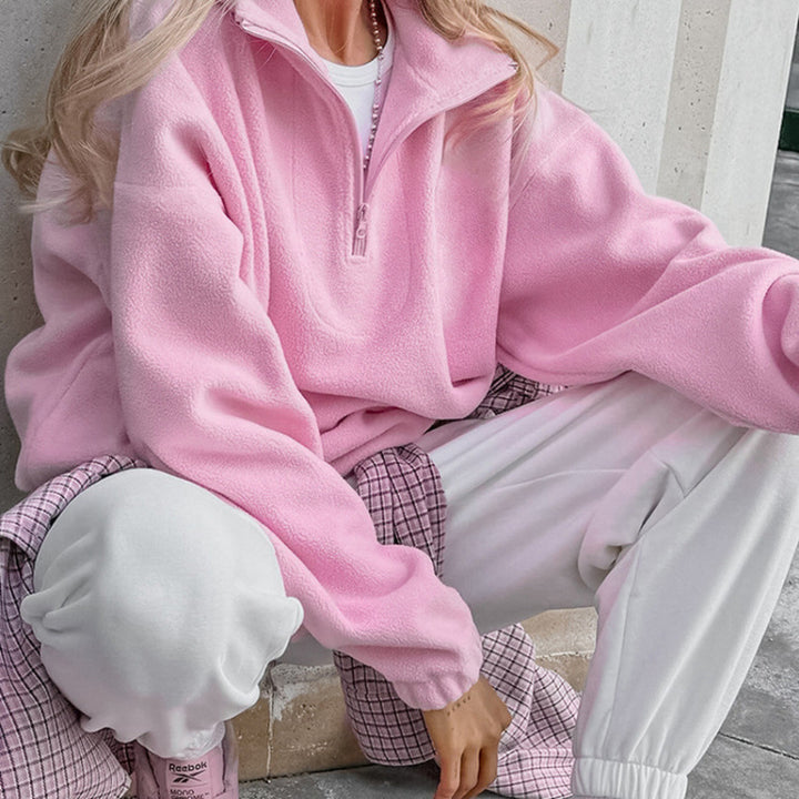 Women’s Oversized Fleece Pullover with Half Zipper and Stand-Up Collar Amarae