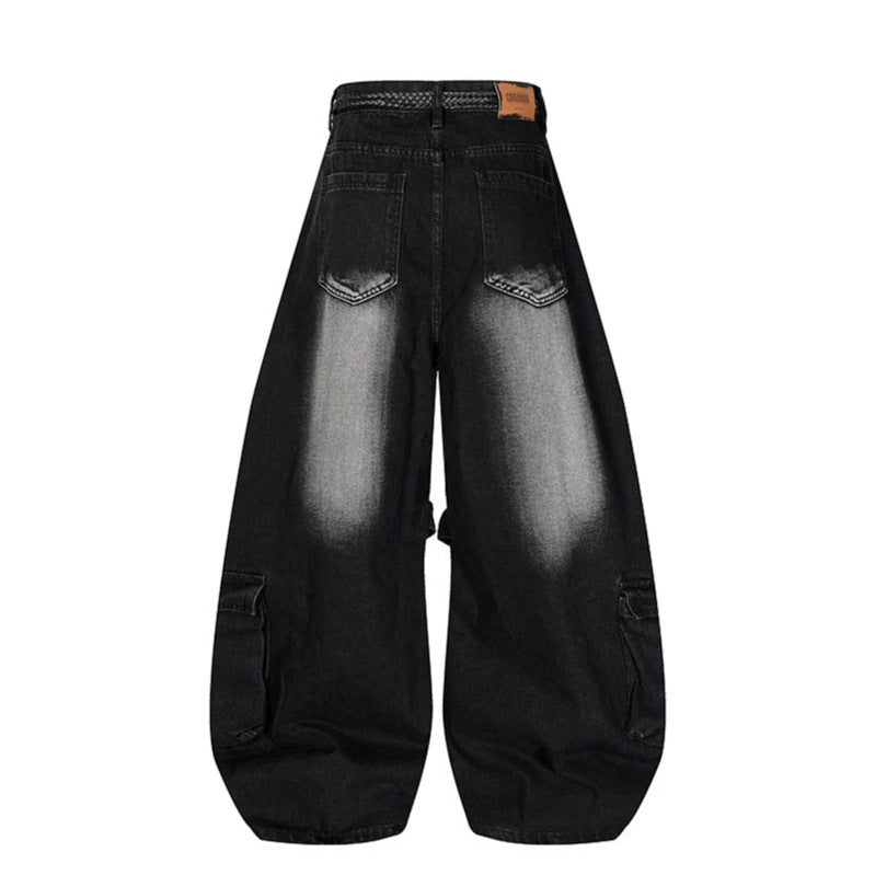 Women's wide denim cargo pants in balloon cut with large patch pockets and braided belt Amarae