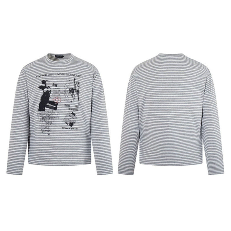 Men's Striped Long Sleeve in Relaxed Fit with Vintage Graphic Print Amarae