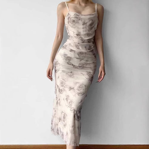 Maxi fitted dress for women with refined ruffles and a floral pattern Amarae