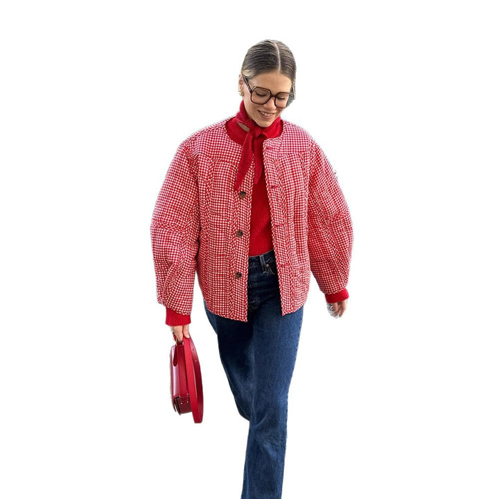 Women Padded Checked Boxy Padded Jacket with Button Closure Amarae