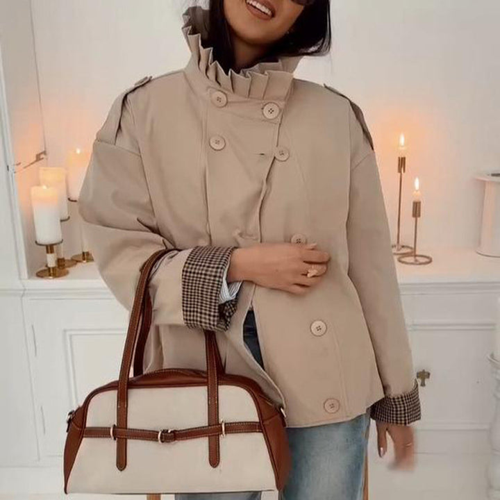 Women's Short Cut Boxy Utility Jacket with Pleated Collar and Check Inner Cuffs Amarae