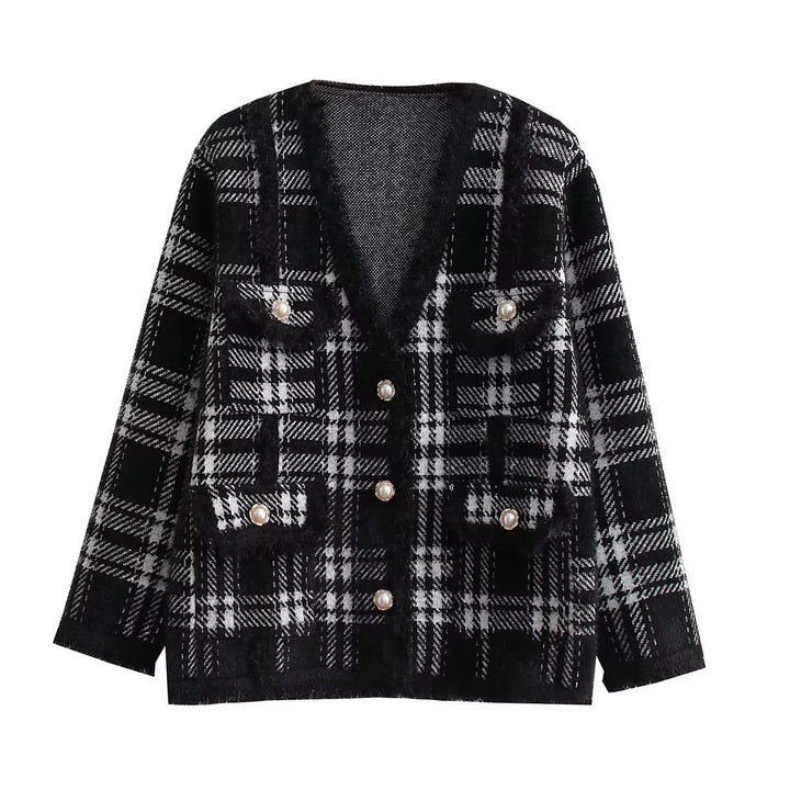 Long women's jacket with plaid patterns and elegant button details Lune London