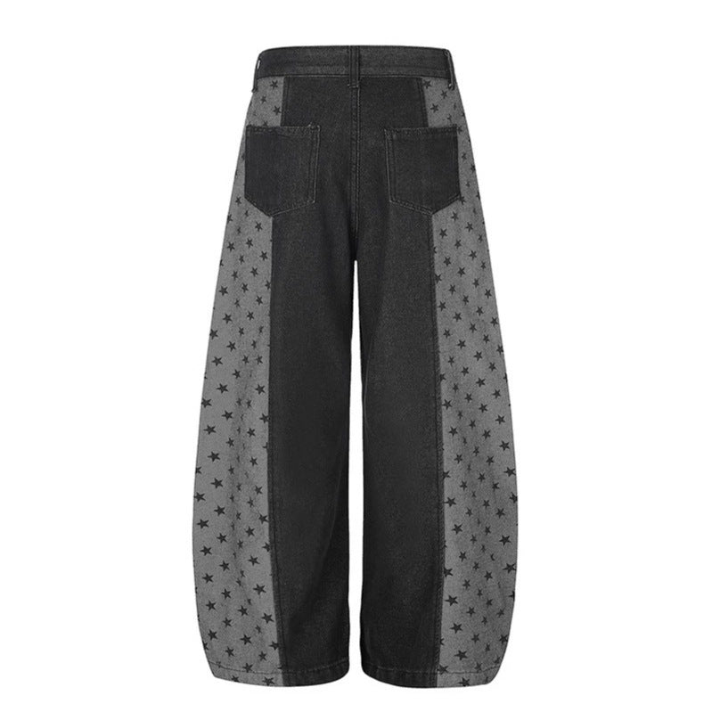 Women's Wide Denim Palazzo Pants with Contrast Sides, Star Print and Patch Pockets Amarae