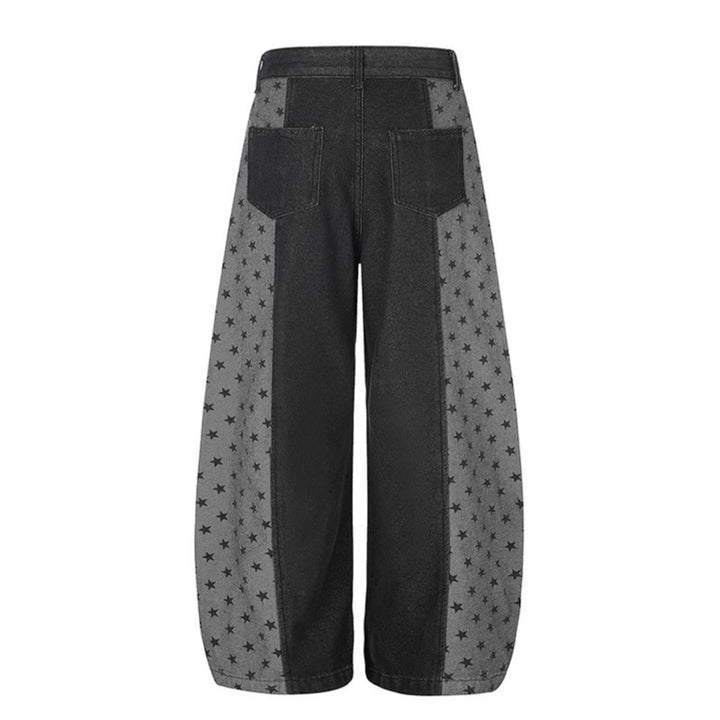 Women's Wide Denim Palazzo Pants with Contrast Sides, Star Print and Patch Pockets Amarae