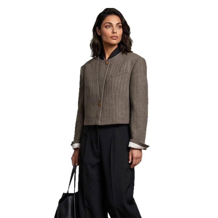 Ladies Short Cut Wool Blazer with Stand-up Collar and Herringbone Pattern Amarae