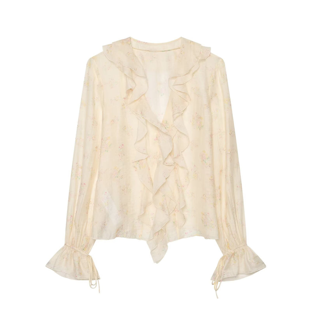 Women's chiffon blouse with ruffle front, tie cuffs and gathered sleeves Amarae