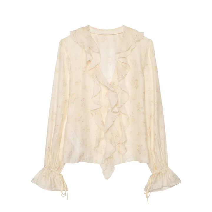 Women's chiffon blouse with ruffle front, tie cuffs and gathered sleeves Amarae