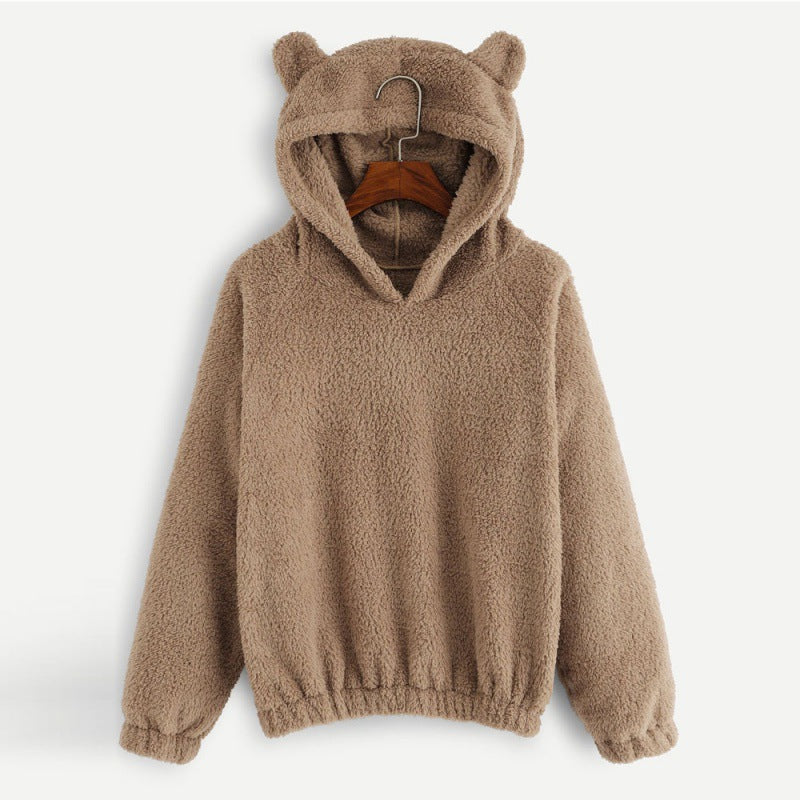 Women's Cozy Teddy Hooded Sweater with Bear Ears and Drawstring Hem Amarae