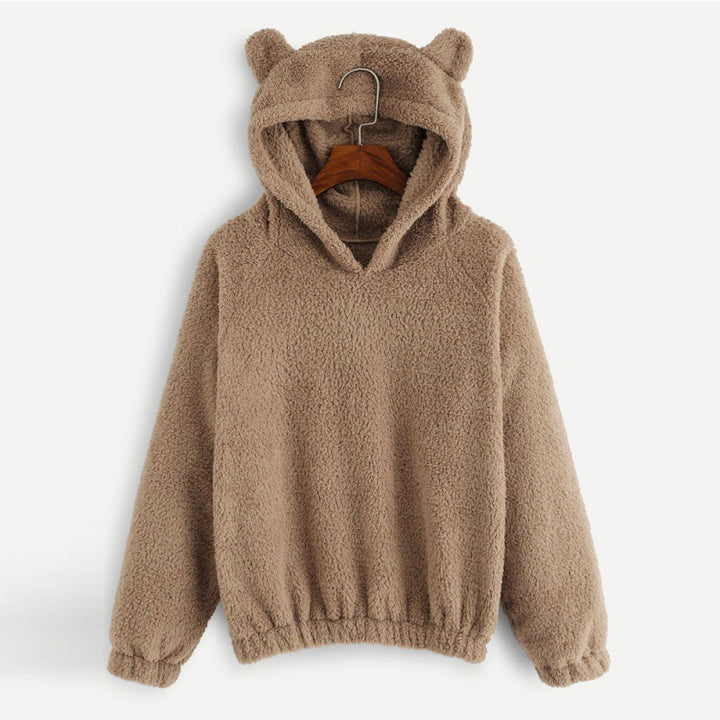 Women's Cozy Teddy Hooded Sweater with Bear Ears and Drawstring Hem Amarae