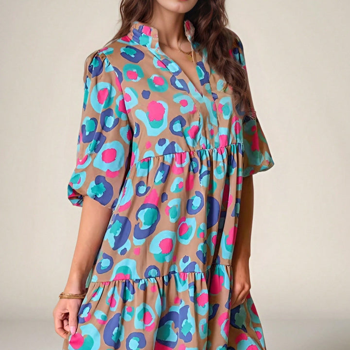 Short ruffled fluid dress for women with colorful print Lune London