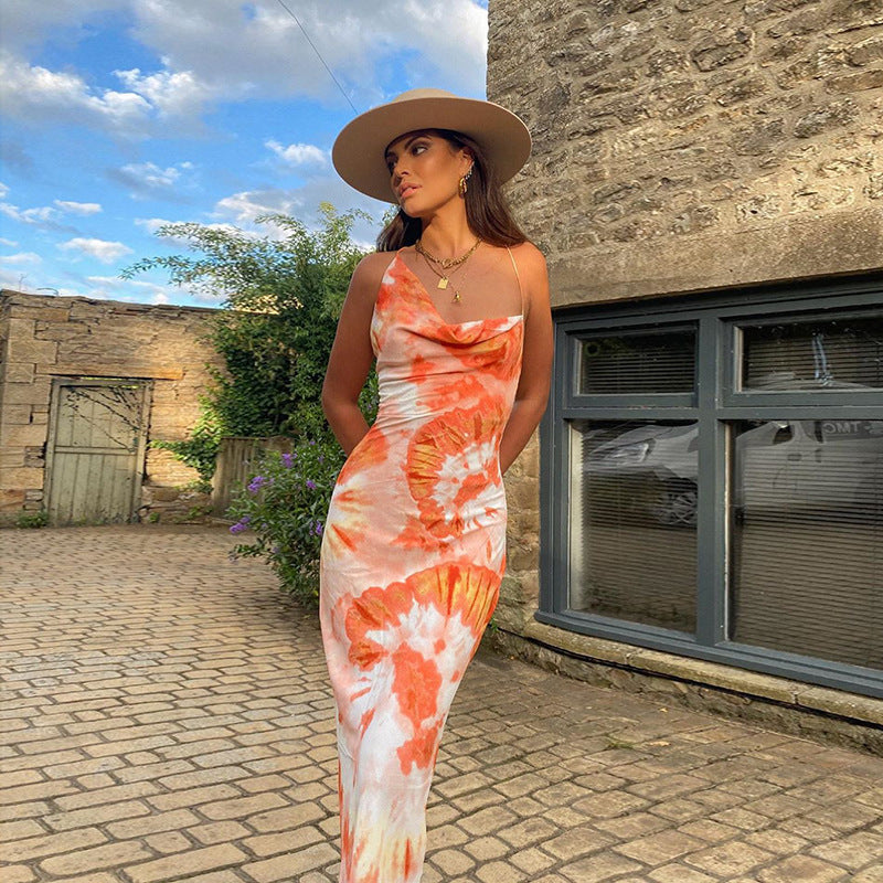 Maxi dress with draped neckline tie-dye Lune London for women