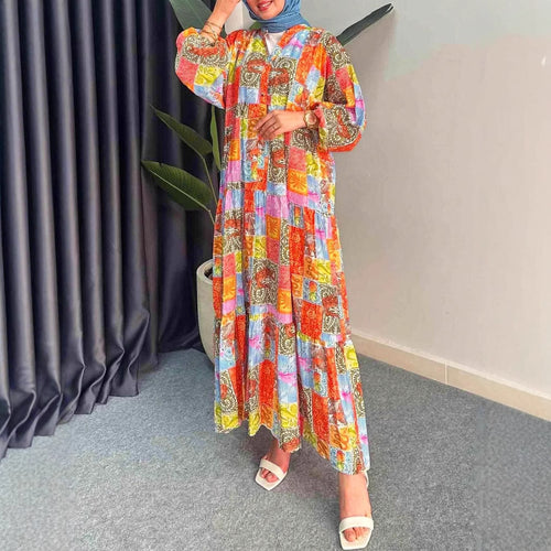 Maxi dress for women in boho style with a colorful patchwork design and wide sleeves Amarae