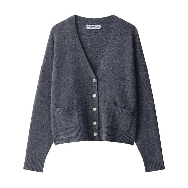 Women's Plus Size Wool Blend Cardigan with V-Neck, Gold Decorative Buttons and Flap Pockets Amarae