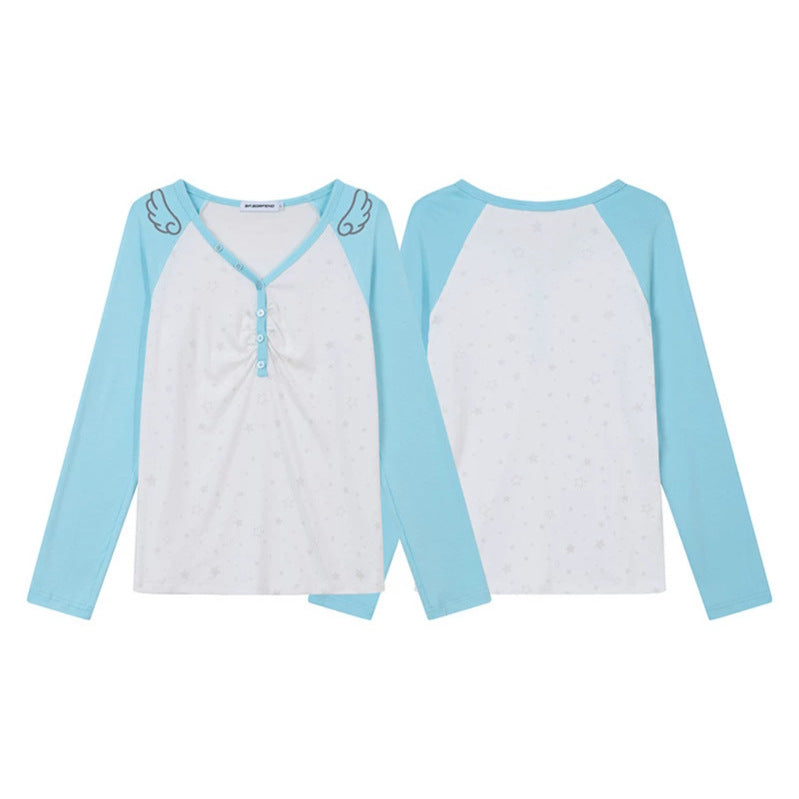 Women's Long Sleeve Henley Shirt with Raglan Sleeves, Gathered and Star Print Amarae