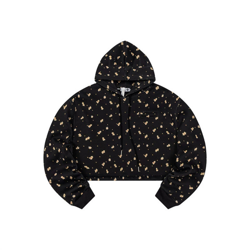 Women's Cropped Hoodie Sweatshirt with Allover Floral Print, Chest Pocket and Ruffled Hem Amarae
