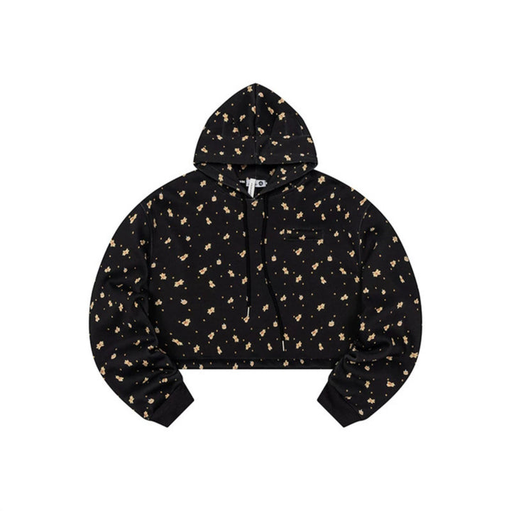 Women's Cropped Hoodie Sweatshirt with Allover Floral Print, Chest Pocket and Ruffled Hem Amarae