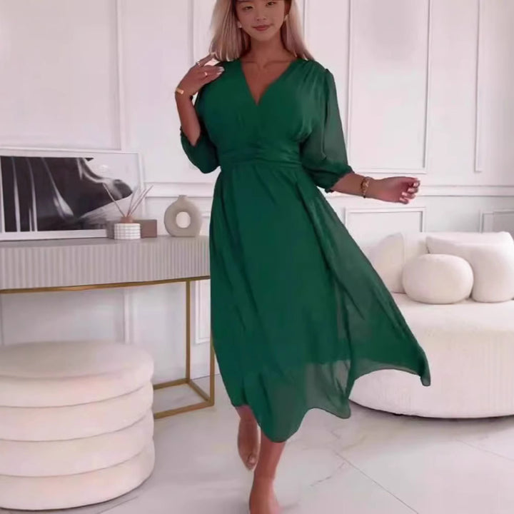 Woman Chic and Stylish V Neck Fluid Maxi Dress
