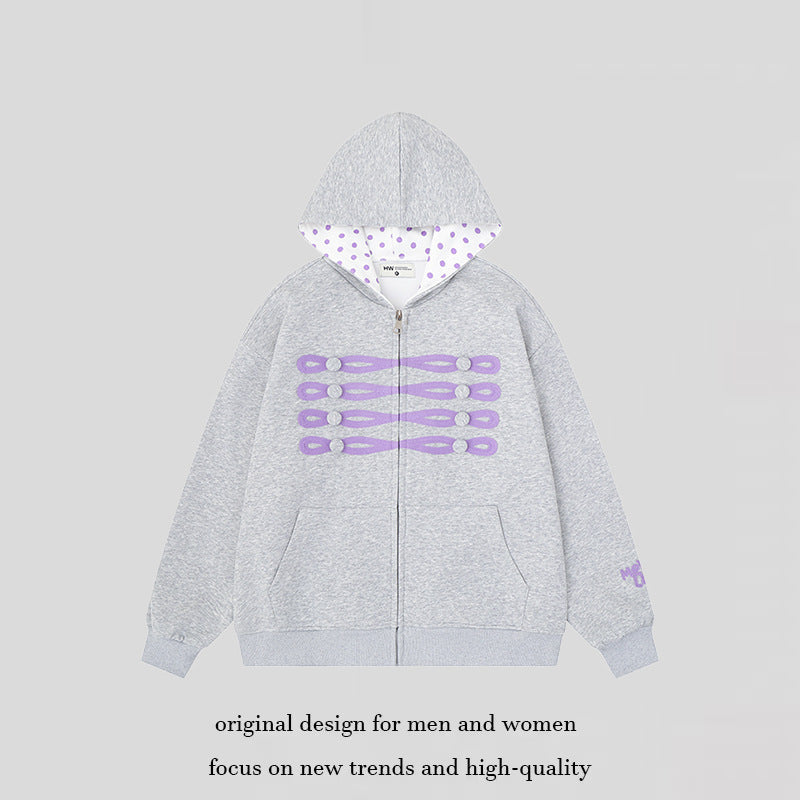 Women's oversized hooded sweatshirt jacket with decorative button print and polka dot hood lining Amarae