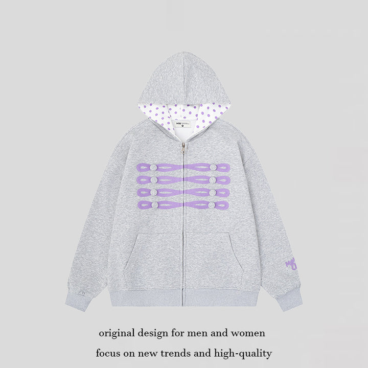 Women's oversized hooded sweatshirt jacket with decorative button print and polka dot hood lining Amarae