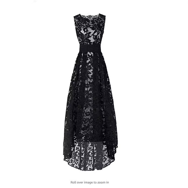 Women's lace maxi dress with elegant long overlay and floral details Lune London