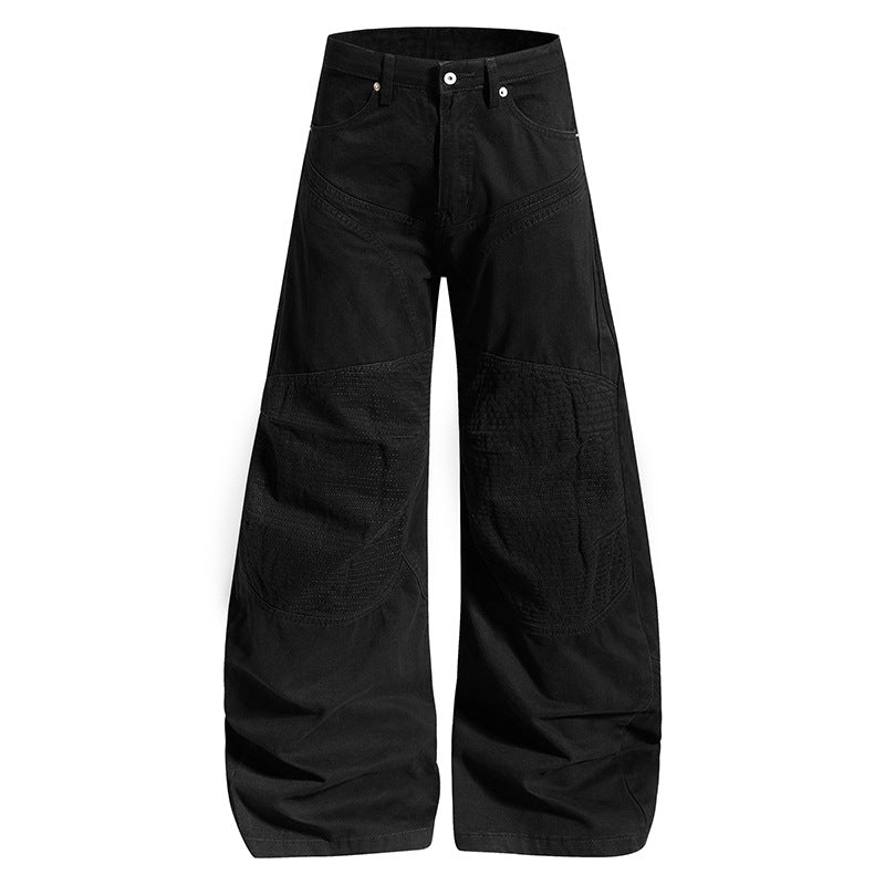 Women High-waisted wide Denim culotte pants with reinforced ribbed knee panels and patch stitching Amarae
