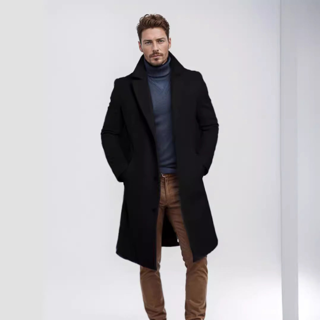 Elegant long coat for men with a textured premium material and practical pockets Amarae