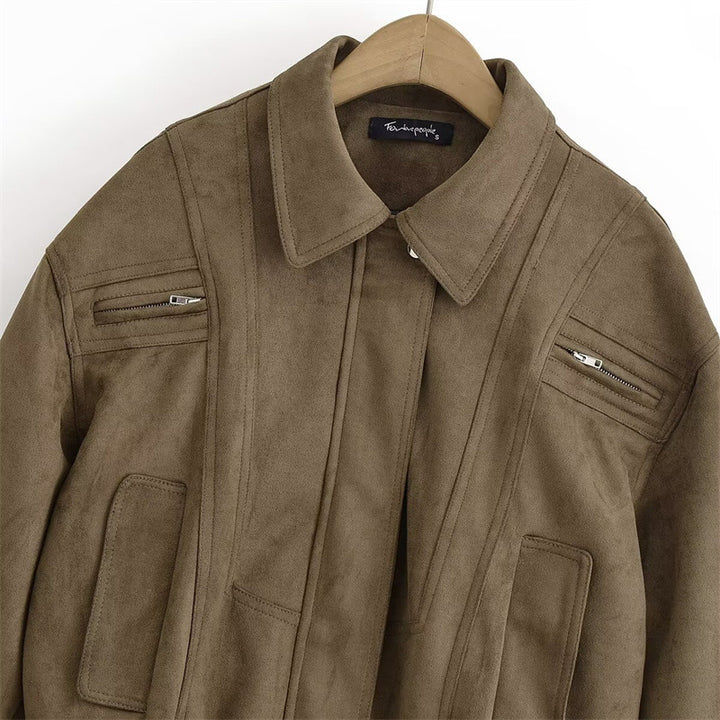 Trendy suede jacket for women with elastic waist and zippered pockets on the sides Lune London