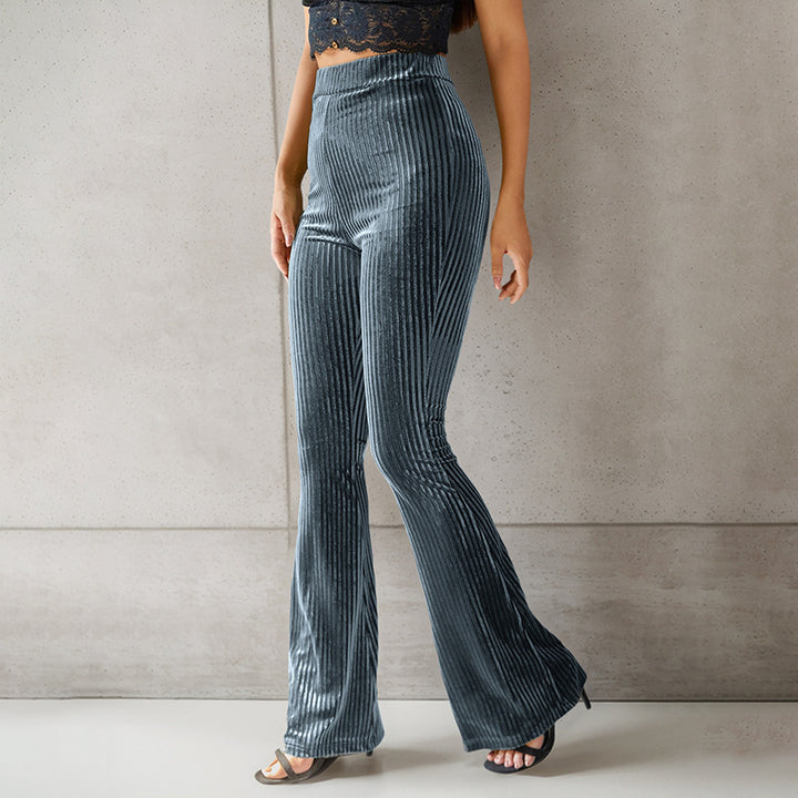 Elegant flared trousers for women in velvet material with a fine striped pattern Lune London