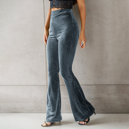 Elegant flared trousers for women in velvet material with a fine striped pattern Amarae