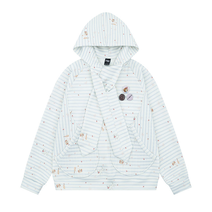 Women Cozy Hooded Oversized Sweater with Integrated Bow Scarf and Patch Pockets