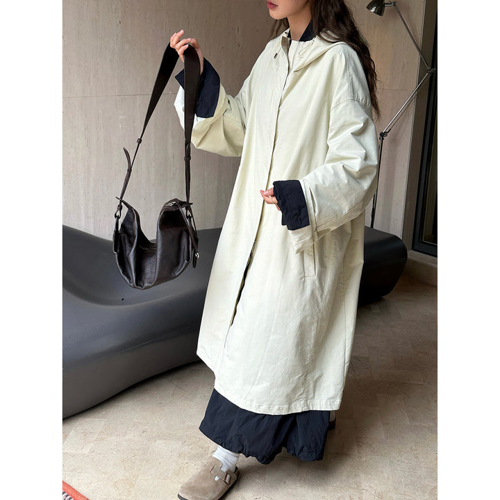 Women Long Oversize Coat with Hood, Concealed Zip and Contrast Cuffs Amarae