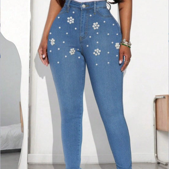 Women's High-Waisted Skinny Jeans with Floral Rhinestone Applications and Shaping Stretch Cut Amarae